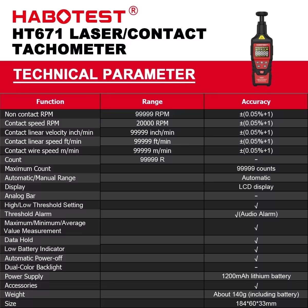 Industrial Laser Tachometer - HABOTEST HT671 2-in-1 Digitaler Drehzahlmesser Kontakt-